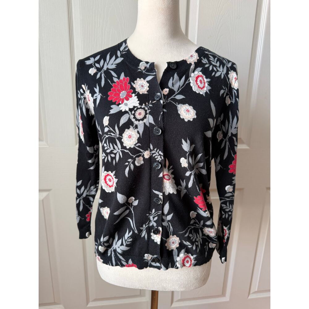 LOFT Black Floral Cardigan Cotton Button Front Size M Cottage Granny Feminine